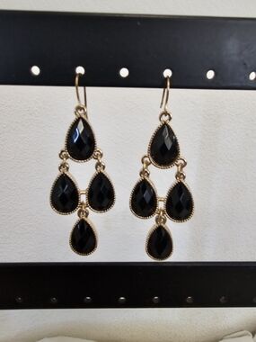 Gold-Tone Black Teardrop Chandelier Earrings
